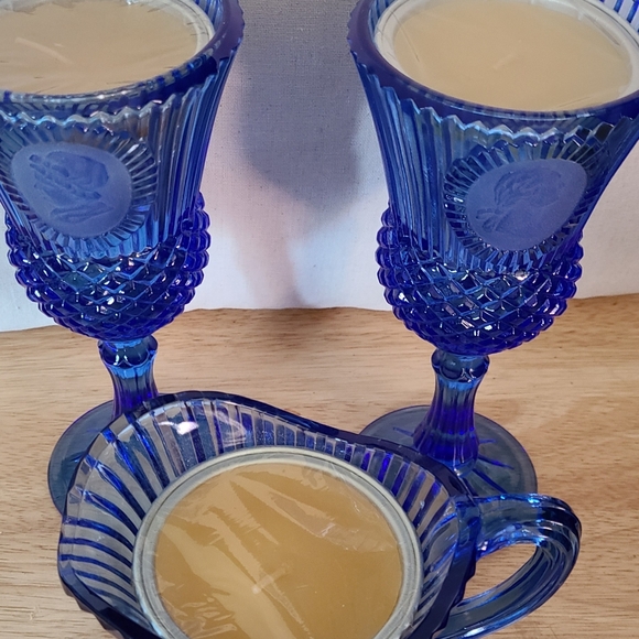 Vintage Fostoria Cobalt Blue Avon Pitcher/Creamer and Two Goblets W/ Orig Candle - Picture 2 of 11